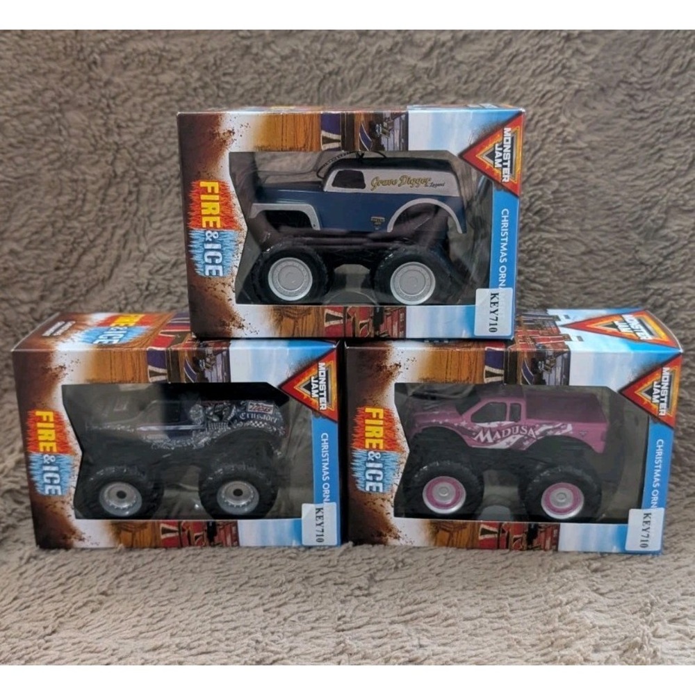 Monster Jam Set 3 Christmas Ornaments Grave Digger The Legend Crusader Made USA